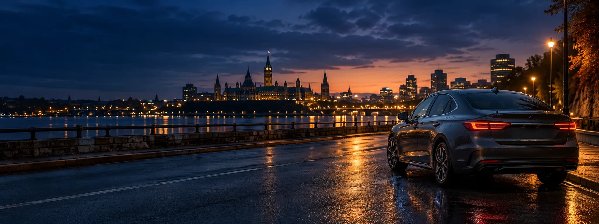 Car parked beside the Ottawa skyline at dusk